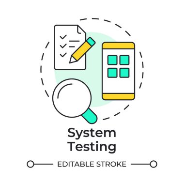 Sistem testi çok renkli konsept simgesi. Yazılım mühendisliği, kalite güvencesi. Görev listesi. Yuvarlak şekil çizimi. Soyut bir fikir. Grafik tasarımı. Bilgide ve sunumda kullanması kolay
