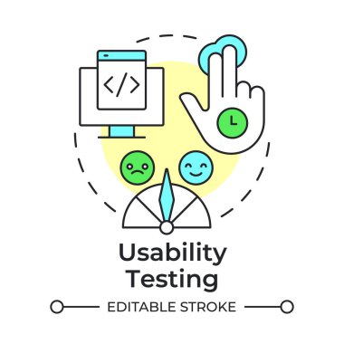 Kullanılabilirlik testi çok renkli konsept simgesi. Müşteri tecrübesi. Kodlama, programlama. Yuvarlak şekil çizimi. Soyut bir fikir. Grafik tasarımı. Bilgide ve sunumda kullanması kolay