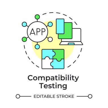 Uyumluluk testi çok renkli konsept simgesi. Yazılım geliştirme, çapraz form. Yuvarlak şekil çizimi. Soyut bir fikir. Grafik tasarımı. Bilgide ve sunumda kullanması kolay