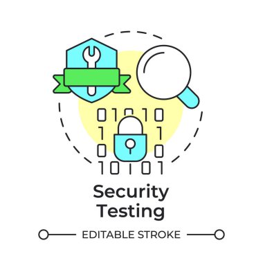 Güvenlik testi çok renkli konsept simgesi. Erişim kontrolü. Siber güvenlik, şifreleme. Yuvarlak şekil çizimi. Soyut bir fikir. Grafik tasarımı. Bilgide ve sunumda kullanması kolay