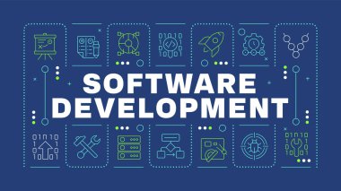 Yazılım geliştirme mavi kelime konsepti. Programlama iş akışı, veri organizasyonu. Hata analizi. Yatay vektör görüntüsü. Düzenlenebilir taslak simgelerle çevrili başlık metni. İnbot Sans yazı tipi kullanıldı