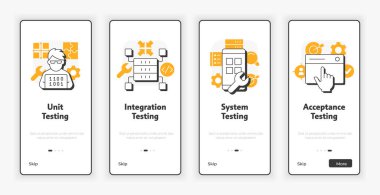 Yazılım test seviyeleri mobil ekranda. Programlama işlemi. UX UI illüstrasyonu. Turuncu aksanlı düz taslak simgeler. Informa Pro Bold, Montserrat Light yazı tipleri kullanıldı