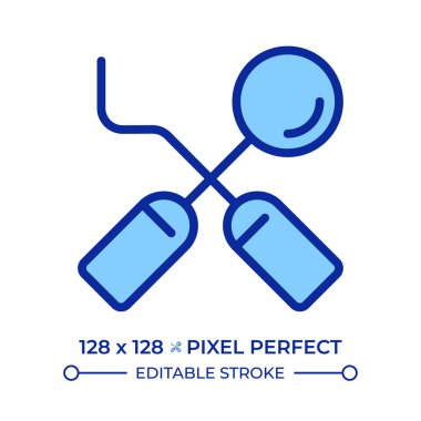 Odontoloji aletleri piksel mükemmel çizgi renk simgesi. Stomatoloji ekipmanları. Diş tedavisi, profesyonel. İzole vektör çizimi. Düz renkli sembol tasarımı. Düzenlenebilir vuruş