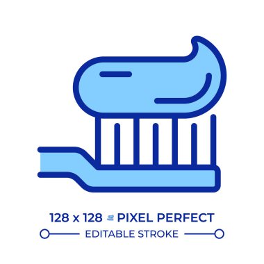 Diş macunu fırçası pikseli mükemmel çizgi renk simgesi. Ağız temizliği, sağlık hizmetleri. Diş temizliği. Diş bakımı, sağlıklı. İzole vektör çizimi. Düz renkli sembol tasarımı. Düzenlenebilir vuruş