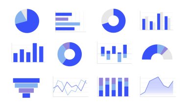 İstatistiksel diyagramlar bilgi elemanları ayarlandı. Pasta grafikleri, bar grafikleri. Verimlilik takibi, performans. İş raporu. Beyaz arkaplanda veri görselleştirme. Bilgi grafik koleksiyonu