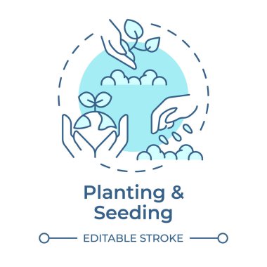 Yumuşak mavi konsept ikonu ekme ve tohumlama. Ekosistem yenilenmesi. Islak arazi restorasyonunun aşaması. Yuvarlak şekil çizimi. Soyut bir fikir. Grafik tasarımı. Kitapçıkta kullanması kolay