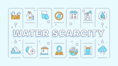 Su kıtlığı, açık mavi kelime konsepti. Tatlı suya erişimle ilgili sorunlar. Çevre hasarı. Tipografi afişi. Başlık metniyle vektör illüstrasyonu, düzenlenebilir simge rengi. İnbot Sans yazı tipi kullanıldı