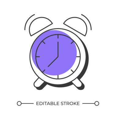 Alarm saati gölge çizgi simgesini dengeledi. Zaman yönetimi, son teslim tarihi. Kronometre, zamanlayıcı. Verimlilik, performans. Koyu mor dolgulu kalın ana hatlı sembol. Modern düz çizim. Düzenlenebilir vuruş