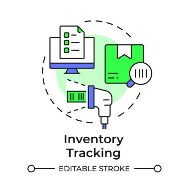 Envanter izleme çok renkli konsept simgesi. Stokların hareketlerini gözlemliyorum. Malzeme yönetimi süreci aşaması. Yuvarlak şekil çizimi. Soyut bir fikir. Grafik tasarımı. Makalede kullanması kolay