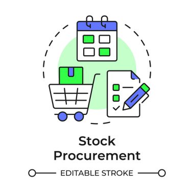 Hisse alımı çok renkli konsept simgesi. Gerekli malzemeler. Envanter yönetim sürecinin ilk adımı. Yuvarlak şekil çizimi. Soyut bir fikir. Grafik tasarımı. Makalede kullanması kolay