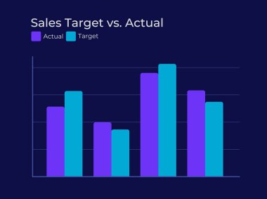 Satış hedefine karşı gerçek karanlık slayt çizelgesi. KPI izleme, iş performansı. Veri yönetimi, hedef. Saha güvertesi sunum raporu. Bilgisel görselleştirme. Kullanılan Montserrat yazı tipi