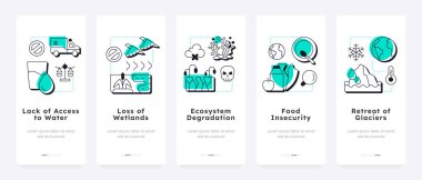 Su krizi mobil uygulamasının etkisi ekranlarda görülüyor. Çevre ve ekosistem hasarı. İçme suyu kaynaklarında eksik. Düz UI UX tasarımı, taslak simgeli yeşil ışıklandırma kavramsal. Kullanılan Lexend yazı tipi