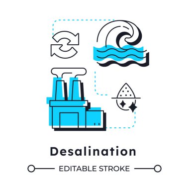 Desalination modern doğrusal konsept simgesi. Deniz suyundan tuz çıkarıyorum. Su kaynaklarını arttırma stratejisi. Noktalı çizgilerle birleştirilmiş düz ana hatlar. Yaratıcı görsel. Düzenlemesi kolay