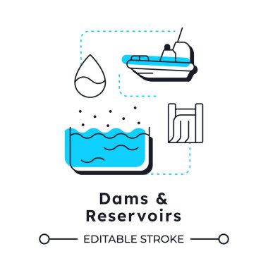 Barajlar ve rezervuarlar modern doğrusal konsept simgesi. Tatlı suyun yapay gölleri. Su kaynaklarını arttırma stratejisi. Noktalı çizgilerle birleştirilmiş düz ana hatlar. Yaratıcı görsel. Düzenlemesi kolay