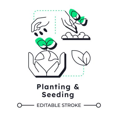 Modern doğrusal konsept ikonu ekme ve tohumlama. Ekosistem yenilenmesi. Islak arazi restorasyonunun aşaması. Noktalı çizgilerle birleştirilmiş düz ana hatlar. Yaratıcı görsel. Düzenlemesi kolay