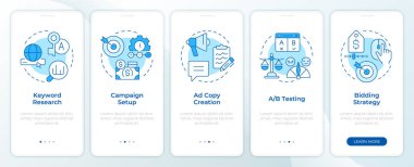 SEM mavi kampanyası mobil uygulama ekranında. Bütçe yönetimi. Doğrusal kavramlarla düzenlenebilir grafik yönergelerini 5 adımda gezdir. UI, UX, GUI. Montserrat Yarı Kalın, Düzenli yazı tipleri