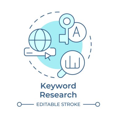 Anahtar kelime araştırması yumuşak mavi konsept ikonu. Pazarlama kampanyası, analiz. İnternet araması. Yuvarlak şekil çizimi. Soyut bir fikir. Grafik tasarımı. Sunumda kullanması kolay, bilgi grafiği
