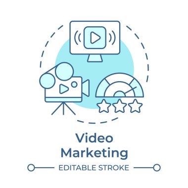 Video pazarlama yumuşak mavi konsept simgesi. Verimlilik ölçer, performans. Reklamcılık, promosyon. Yuvarlak şekil çizimi. Soyut bir fikir. Grafik tasarımı. Sunumda kullanması kolay, bilgi grafiği