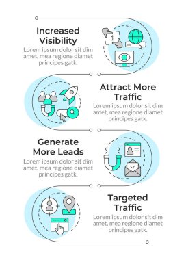SEO 'nun infografik dikey dizilime faydası var. Hedef kitle, pazarlama araştırması. 4 adımlı görselleştirme bilgi tablosu. Daireler iş akışı. Montserrat Yarı Kalın, Lato Düzenli yazı tipleri