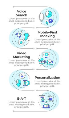 Arama motoru pazarlama teknolojileri, dikey bilgi dizisi. İçerik kişiselleştirme. 5 adımlı görselleştirme bilgi tablosu. Daireler iş akışı. Montserrat Yarı Kalın, Lato Düzenli yazı tipleri