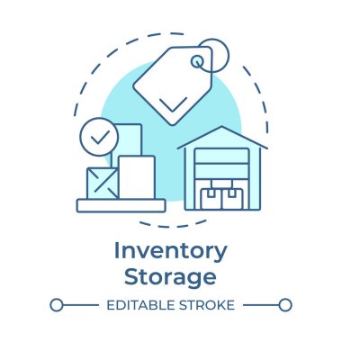 Envanter deposu yumuşak mavi konsept ikonu. Mallar için depo koşulları. Malzeme yönetimi süreci aşaması. Yuvarlak şekil çizimi. Soyut bir fikir. Grafik tasarımı. Makalede kullanması kolay