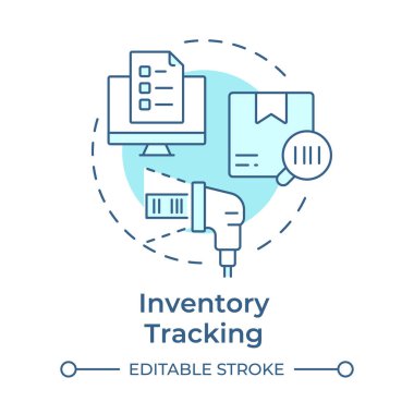 Envanter, yumuşak mavi konsept simgesini izliyor. Stokların hareketlerini gözlemliyorum. Malzeme yönetimi süreci aşaması. Yuvarlak şekil çizimi. Soyut bir fikir. Grafik tasarımı. Makalede kullanması kolay