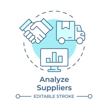 Tedarikçilerin yumuşak mavi konsept simgelerini analiz et. Potansiyel satıcıyı değerlendir. Envanter yönetim sürecinin ilk adımı. Yuvarlak şekil çizimi. Soyut bir fikir. Grafik tasarımı. Makalede kullanması kolay