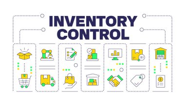 Envanter kontrol sözcüğü kavramı beyaza izole edildi. Şirket hisselerini yönetiyorum. Dağıtım optimize ediliyor. Düzenlenebilir renkli çizgi simgeleriyle çevrili yaratıcı illüstrasyon afişi. İnbot Sans yazı tipi kullanıldı