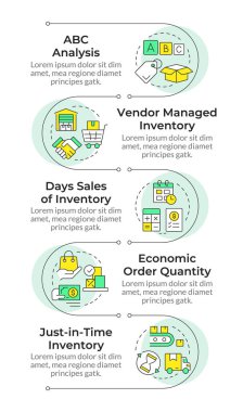 Envanter yönetim metodları bilgisel dikey dizilim. Tedarik operasyon kontrolü. 5 adımlı görselleştirme bilgi tablosu. Daireler iş akışı. Montserrat Yarı Kalın, Lato Düzenli yazı tipleri