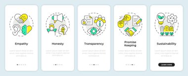Mobil uygulama ekranında kurumsal sosyal sorumluluk direkleri var. Doğrusal kavramlarla düzenlenebilir grafik yönergelerini 5 adımda gezdir. UI, UX, GUI. Montserrat Yarı Kalın, Düzenli yazı tipleri