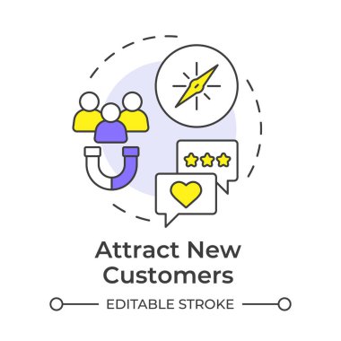 Yeni müşterileri çok renkli konsept simgesine çek. Seyirciyi sorumluluk ile genişlet. Etik markalaşmanın faydaları. Yuvarlak şekil çizimi. Soyut bir fikir. Grafik tasarımı. Kitapçıkta kullanması kolay