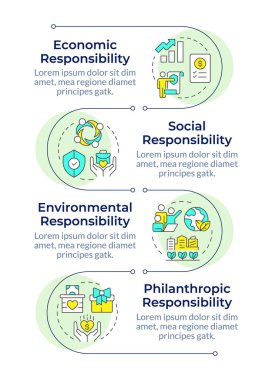 Kurumsal sosyal sorumluluk tipleri dikey dikey bilgi dizisi. Şirketin temel değerleri. 4 adımlı görselleştirme bilgi tablosu. Daireler iş akışı. Montserrat Yarı Kalın, Lato Düzenli yazı tipleri