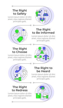 Tüketici hakları bilgisel dikey dizisi. Müşteri koruma yasaları. Etik hizmet. 5 adımlı görselleştirme bilgi tablosu. Daireler iş akışı. Montserrat Yarı Kalın, Lato Düzenli yazı tipleri