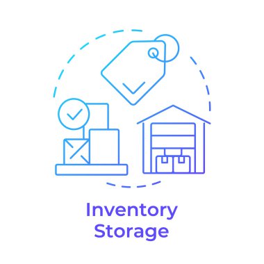 Envanter deposu mavi gradyan konsept simgesi. Mallar için depo koşulları. Malzeme yönetimi süreci aşaması. Yuvarlak şekil çizimi. Soyut bir fikir. Grafik tasarımı. Makalede kullanması kolay