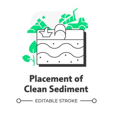 Temiz çökelti düz ana hatlı konsept simgesinin yerleştirilmesi. Kirlenmemiş toprak ekliyorum. Islak arazi restorasyonunun aşaması. Yeşil kabartmalı modern çizgi çizimi. Kavramsal görsel. Düzenlemesi kolay