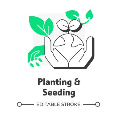 Düz ana hatlı konsept ikonu ekme ve tohumlama. Ekosistemi yeniden başlatma süreci. Islak arazi restorasyonunun aşaması. Yeşil kabartmalı modern çizgi çizimi. Kavramsal görsel. Düzenlemesi kolay