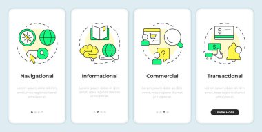 Mobil uygulama ekranında kullanıcı pazarlaması. Müşteri hizmetleri. Doğrusal kavramlarla düzenlenebilir grafik yönergelerini dört adımda gözden geçir. UI, UX, GUI. Montserrat Yarı Kalın, Düzenli yazı tipleri