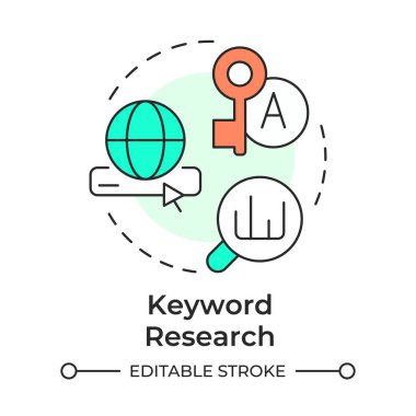 Anahtar kelime araştırması çok renkli konsept simgesi. Pazarlama kampanyası, analiz. İnternet araması. Yuvarlak şekil çizimi. Soyut bir fikir. Grafik tasarımı. Sunumda kullanması kolay, bilgi grafiği