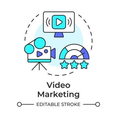 Video pazarlama çok renkli konsept simgesi. Verimlilik ölçer, performans. Reklamcılık, promosyon. Yuvarlak şekil çizimi. Soyut bir fikir. Grafik tasarımı. Sunumda kullanması kolay, bilgi grafiği