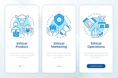 Mobil uygulama ekranında iş ahlakı uygulamaları mavi renkte. Doğrusal kavramlarla birlikte düzenlenebilir grafik yönergelerini gezdir. UI, UX, GUI. Montserrat Yarı Kalın, Düzenli yazı tipleri