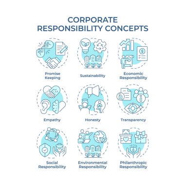Kurumsal sorumluluk, yumuşak mavi kavram simgeleri. İş ahlakına bağlılık. Sürdürülebilir arkadaş seçimleri. Simge paketi. Vektör görüntüleri. Makale için yuvarlak şekilli çizimler. Soyut fikir