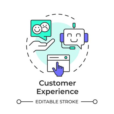 Müşteri çok renkli konsept simgesini tecrübe eder. Kullanıcı desteği. Yapay zeka, sohbet robotu. Yuvarlak şekil çizimi. Soyut bir fikir. Grafik tasarımı. Bilgide ve sunumda kullanması kolay