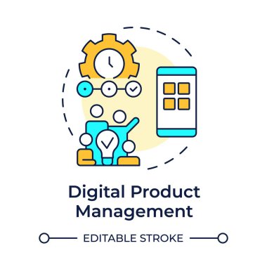 Dijital ürün yönetimi çok renkli konsept simgesi. Akıllı telefon uygulaması, takım çalışması organizasyonu. Yuvarlak şekil çizimi. Soyut bir fikir. Grafik tasarımı. Bilgide ve sunumda kullanması kolay