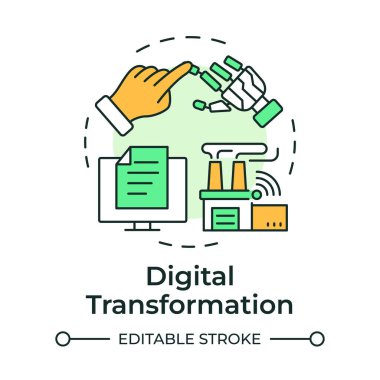 Dijital dönüşüm çok renkli konsept simgesi. Fabrika, internet dökümanları. Yuvarlak şekil çizimi. Soyut bir fikir. Grafik tasarımı. Bilgide ve sunumda kullanması kolay