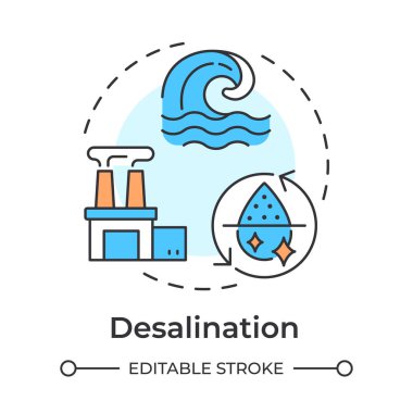 Desalination çok renkli konsept simgesi. Deniz suyundan tuz çıkarıyorum. Su kaynaklarını arttırma stratejisi. Yuvarlak şekil çizimi. Soyut bir fikir. Grafik tasarımı. Kitapçıkta kullanması kolay