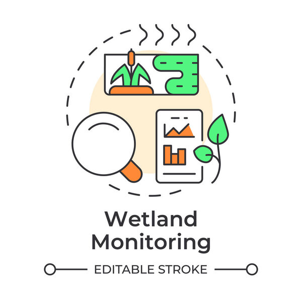 Значок многоцветной концепции мониторинга земель. Наблюдение и сбор данных. Фаза восстановления болот. Иллюстрация круглой формы. Абстрактная идея. Графический дизайн. Простота использования в буклете