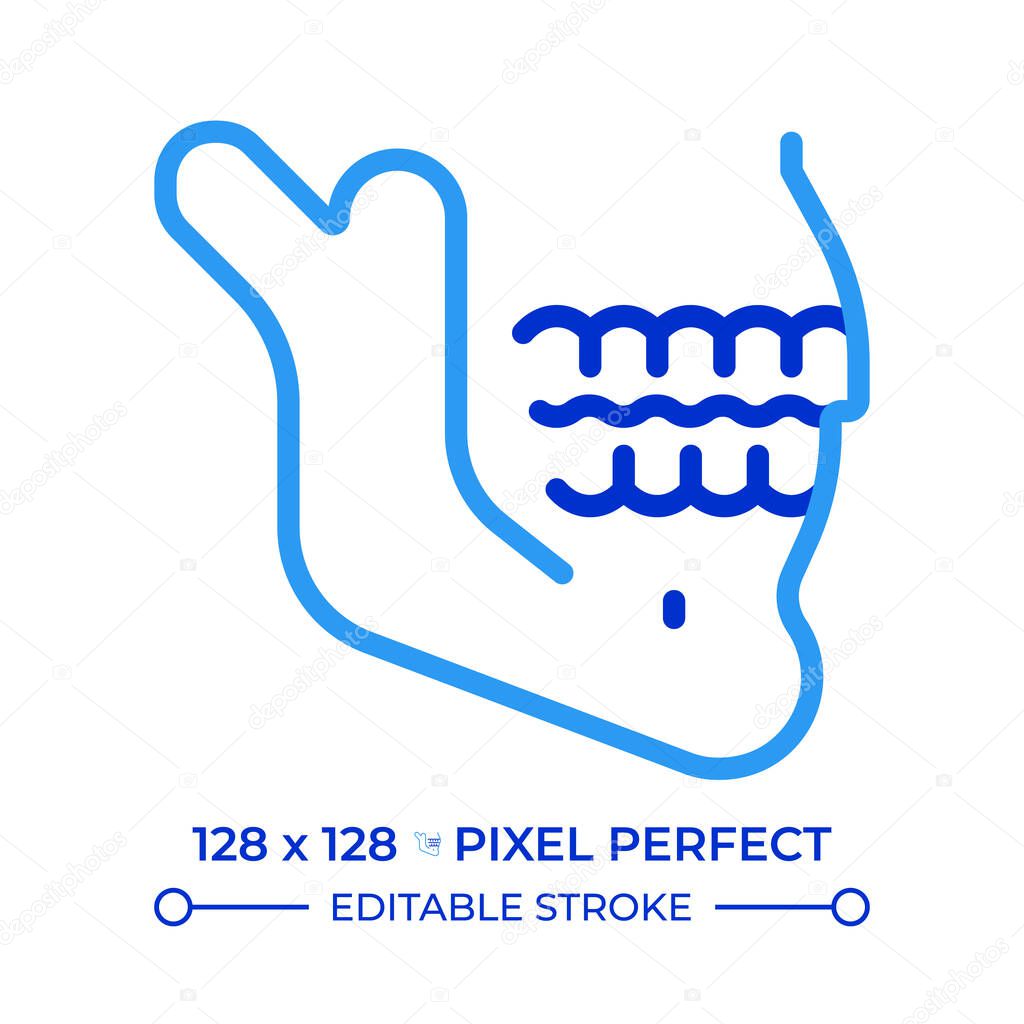 Jaw bone xray pixel perfect two color line icon. Human anatomy, healthcare. Oral hygiene. Teeth health bicolor outline symbol. Duotone linear pictogram. Isolated illustration. Editable stroke
