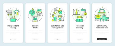 Life competencies onboarding mobile app screen. Soft skills development. Walkthrough 5 steps editable graphic instructions with linear concepts. UI, UX, GUI. Montserrat SemiBold, Regular fonts used