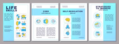 Life skills blue brochure layout. Core values, self regulation and improvement strategy. Leaflet advertising design with color line icons. Editable 4 pages. Arial, Myriad Pro-Regular fonts used