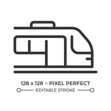 Train pixel perfect line icon. Commuter railroad vehicle. Traveling by railway transport. Locomotive riding. Isolated vector illustration. Outline symbol. Simple linear drawing. Editable stroke